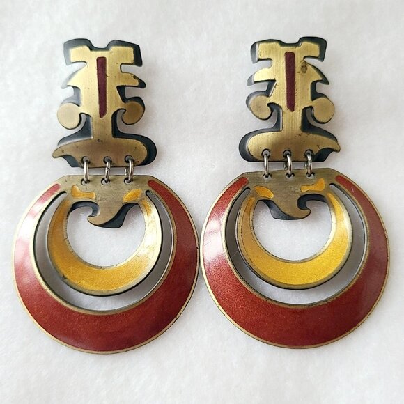 Signed Berebi Enamel Earrings Brass Tone Metal Tribal Statement Dangle Pierced - Picture 1 of 8